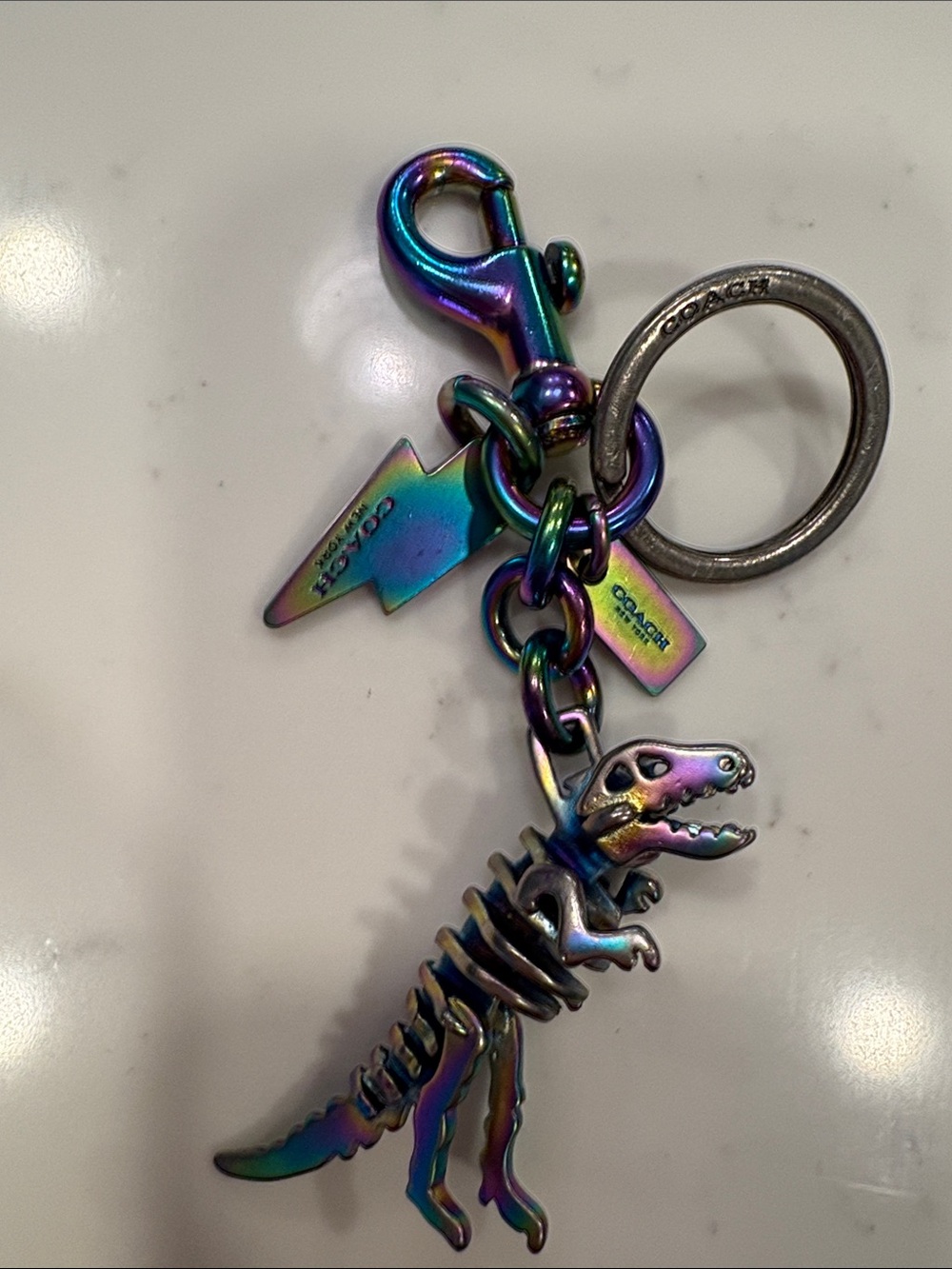 Coach Iridescent Rainbow T-Rex Charm Key Ring